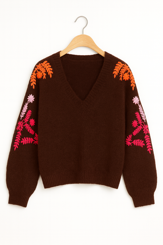 Jersey Bordado Flor // Marrón